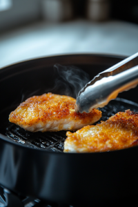 A close-up shot of the air fryer basket over a white marble cooktop, opened halfway through cooking. A pair of tongs is flipping the golden, crispy chicken breasts, ensuring an evenly browned and crunchy exterior.