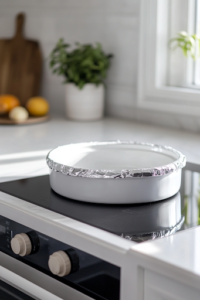 The foil-covered baking dish sits on the white marble cooktop, sealed and ready for its first bake in the preheated oven. The foil will help lock in moisture for a tender and flavorful dish.