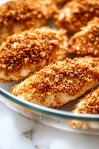 Freshly baked ranch chicken tenders rest on the parchment-lined baking sheet on the white marble cooktop. Their golden, crispy coating looks perfectly done, accompanied by a small dish of dipping sauce for serving.