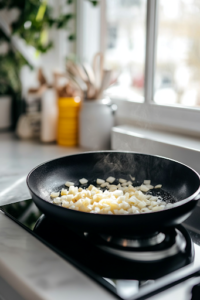 A close-up of a black skillet on a white marble cooktop, heating olive oil as it glistens under the light. Diced white onions and minced garlic sizzle, releasing a rich, fragrant aroma. A wooden spatula rests on the side, ready to stir the ingredients.