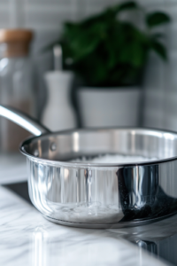 A close-up of a stainless steel saucepan on a white marble cooktop, with granulated sugar and water gently heating. The bubbling syrup reaches 240°F, as indicated by the candy thermometer clipped to the side.