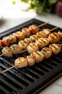 A preheated grill on a white marble cooktop, lightly oiled and ready for cooking. The shrimp and scallop kabobs are placed on the grates, sizzling as they begin to sear.
