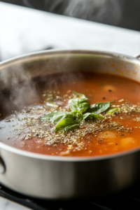 A simmering pot on a white marble cooktop, with dried basil and oregano sprinkled in. The aromatic herbs float on the surface, enhancing the soup’s rich flavors. Steam rises gently from the pot.