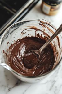 Close-up shot of a small saucepan on the white marble cooktop, where warm water and instant espresso powder are mixed with Kahlua to create a smooth, flavorful liquid