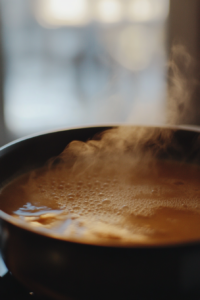 Close-up shot of the saucepan on medium-high heat, with a whisk stirring the thick, glossy lemon curd as it bubbles. Steam rises, and a hint of yellow food coloring is swirled in