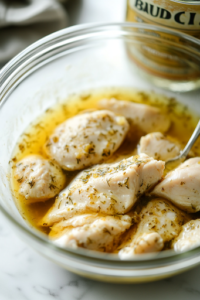 A close-up shot of a glass mixing bowl on a white marble countertop, filled with boneless chicken breasts submerged in golden dill pickle juice. A spoon rests on the side of the bowl, and a jar of Bubbies pickles is slightly visible in the background, hinting at the source of the brine.