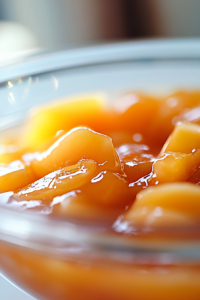 Close -up shot of the mashed peaches in a glass bowl