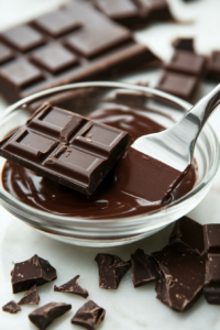 A microwave-safe bowl with chopped chocolate pieces, melted into a smooth consistency.