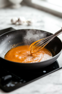 A black skillet sits on the white marble cooktop with butter melting inside. A whisk stirs in hot sauce and garlic powder, blending the ingredients into a smooth and glossy Buffalo sauce. Steam rises gently, enhancing the rich aroma.