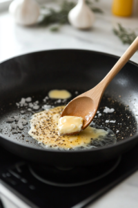 Butter melting in a black skillet on a white marble cooktop, with a wooden spoon stirring in poultry seasoning, salt, and black pepper.