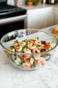 The marinated shrimp is now mixed with finely chopped vegetables in the main glass mixing bowl on a white marble cooktop. A hand gently folds diced avocado into the ceviche, ensuring it stays intact.