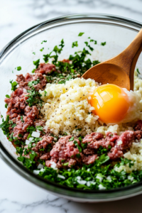 A large glass mixing bowl on a white marble countertop filled with raw ground beef, chopped parsley, Italian seasoning, salt, nutmeg, whisked egg, and the cooked cauliflower rice mixture. A wooden spoon rests on the side, ready for mixing.