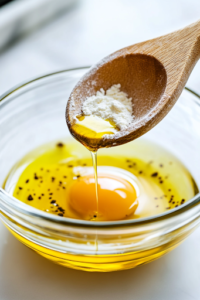 A close-up of the same glass bowl on a white marble cooktop, now containing almond flour, a lightly beaten egg, and a drizzle of olive oil. A wooden spoon is mixing the ingredients, forming a thick, pliable dough.