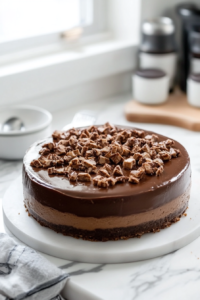 A fully glazed Nutella cheesecake on a serving plate, ready to be sliced and enjoyed