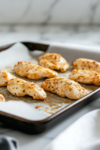 A parchment-lined baking sheet placed on a white marble cooktop, prepared for the chicken tenders. The smooth, clean parchment paper contrasts with the dark baking tray, ready for the next step in the recipe.