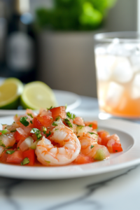 A beautifully plated shrimp ceviche dish sits on a white marble cooktop, accompanied by a refreshing cocktail or iced drink in the background. The vibrant colors of the ceviche pop, making it an inviting summer appetizer