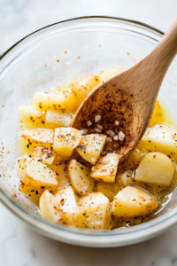 A glass bowl on the white marble cooktop holds fresh potato chunks coated in olive oil, salt, pepper, and paprika. A wooden spoon stirs the mixture, ensuring each piece is evenly seasoned for roasting.