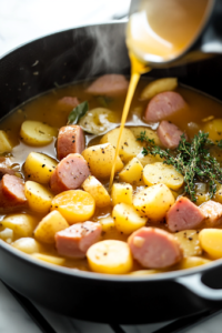 A close-up of golden broth being poured into the black Dutch oven over sautéed ham, onions, carrots, and celery. Diced potatoes, thyme, and bay leaves float on the surface, infusing the soup with rich, aromatic flavors.