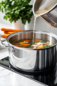A large stainless steel pot on a white marble cooktop, with golden chicken broth and vegetable broth being poured in. The liquid ripples as it fills the pot, creating a rich base for the soup.
