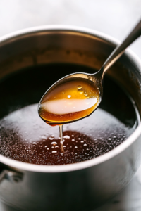 Hot sugar syrup is being slowly drizzled into the whipped egg whites inside a stand mixer bowl on a white marble cooktop. The mixer runs on low speed while steam rises from the syrup.