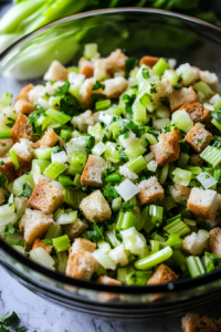 Cooled onion and celery mixture being poured from a black skillet into a large glass mixing bowl filled with bread cubes, ready to be mixed.
