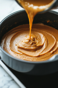 Close-up shot of a 9-inch black baking pan on the white marble cooktop, lined neatly with parchment paper. The silky, blended pumpkin mixture is being poured into the pan, evenly spreading across the surface.