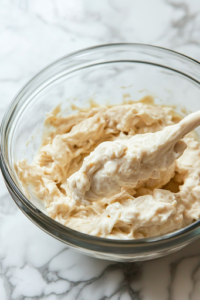 A raw chicken tender is fully coated in a creamy mayonnaise mixture inside a glass bowl on the white marble cooktop. The rich blend clings to the chicken, ensuring a flavorful base for the crispy crust.