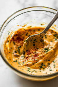 Close-up shot of a clear glass bowl on the white marble cooktop filled with creamy remoulade ingredients—mayonnaise, mustard, chopped pickles, capers, paprika, and herbs—being mixed with a spoon. The vibrant blend of spices and textures is clearly visible as the sauce comes together.