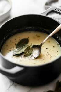A close-up of a spoon carefully removing bay leaves from the steaming soup in the black Dutch oven on the white marble cooktop, ensuring a smooth and well-balanced flavor before serving.