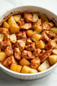 The diced, sauce-coated chicken is evenly spread over the seasoned potatoes in the baking dish on the white marble cooktop. The dish is now layered and prepped for baking.