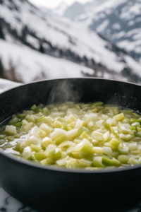 A black saucepan on a white marble cooktop with diced onion and celery sautéing until softened. The vegetables are sizzling in the pot, with a bit of vegetable broth added to prevent sticking.