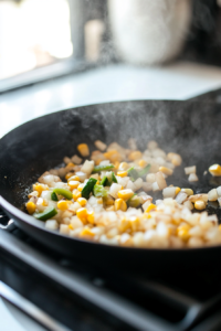 A black skillet on a white marble cooktop with olive oil sizzling as chopped onion, minced garlic, diced poblano, Yukon gold potatoes, and fresh corn are being sautéed. Steam rises as the ingredients soften.