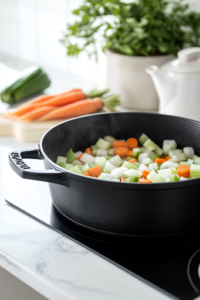 A close-up of a black Dutch oven on a white marble cooktop, with diced onions, carrots, and celery sizzling in oil as they soften. A wooden spoon stirs the colorful vegetables, releasing their aroma.