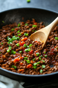 A sizzling skillet filled with browned ground beef being stirred with a wooden spoon. Taco seasoning, diced green onions, and fresh salsa are being added, creating a rich, well-seasoned mixture with a vibrant aroma.