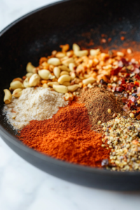 A close-up of a black skillet on a white marble cooktop, as a blend of chili powder, cumin, garlic powder, paprika, oregano, onion powder, salt, pepper, and crushed red pepper flakes are sprinkled over the cooked chicken. The spices mix in, creating a deep, rich color and an aromatic taco filling.