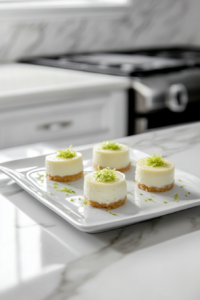Finished mini key lime cheesecakes on a serving plate, garnished with lime zest.