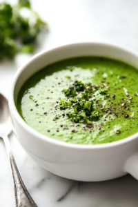 A bowl of creamy vegetable soup on a white marble countertop, garnished with a sprinkle of fresh herbs. A spoon rests beside the bowl, ready for serving. The soup is rich, velvety, and filled with vibrant colors.