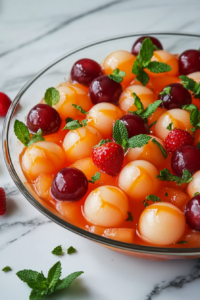 Close-up shot of a chilled fruit salad in a glass serving bowl, drizzled with citrus-honey sauce and garnished with fresh mint leaves, ready to be enjoyed.