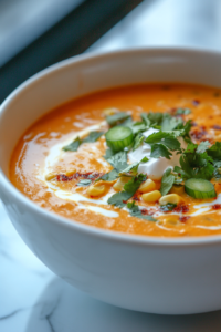 A bowl of creamy sweet corn chowder on a white marble countertop, garnished with fresh cilantro, sliced scallions, and a swirl of sour cream or crumbled goat cheese. A spoon rests beside the bowl, ready to dig in.