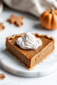 Close-up shot of a perfectly sliced piece of vegan pumpkin pie on a white marble plate, topped with a swirl of vegan whipped cream. The remaining pie rests in the black baking pan, ready to be served.