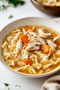 A ladle scoops the finished chicken noodle soup from the pot, filled with tender chicken, noodles, and vibrant carrots. The golden broth glistens as the ladle hovers over a rustic ceramic bowl, ready to serve.