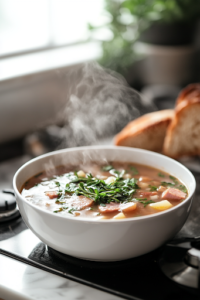 A close-up of a ladle pouring steaming ham and potato soup into a white bowl over the white marble cooktop. The soup is garnished with fresh herbs and is ready to be served with crusty bread.