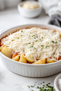 A generous layer of shredded mozzarella cheese is being sprinkled over the layered chicken and potatoes in the baking dish on the white marble cooktop, ensuring an even, cheesy coating for a rich and melty finish.