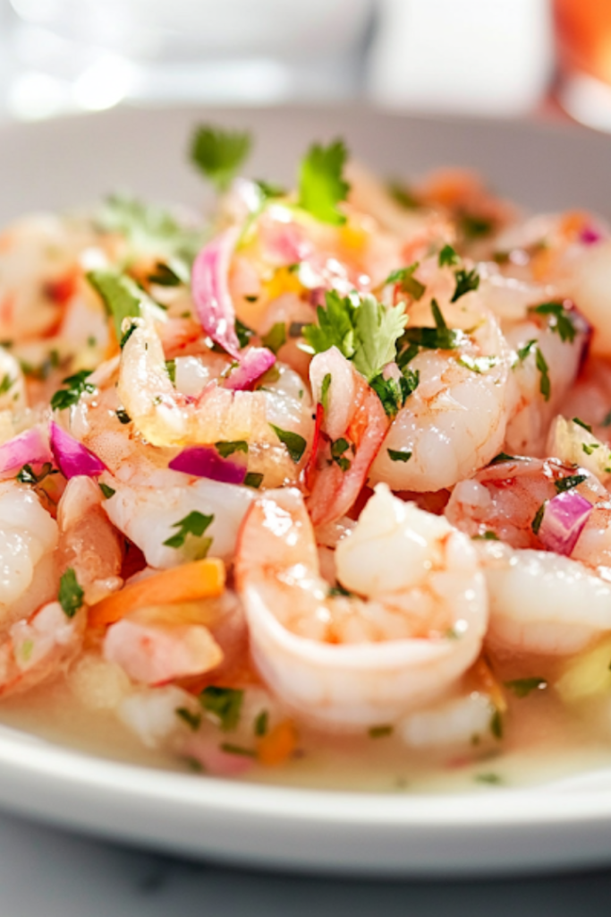 A beautifully plated shrimp ceviche dish sits on a white marble cooktop, accompanied by a refreshing cocktail or iced drink in the background. The vibrant colors of the ceviche pop, making it an inviting summer appetizer
