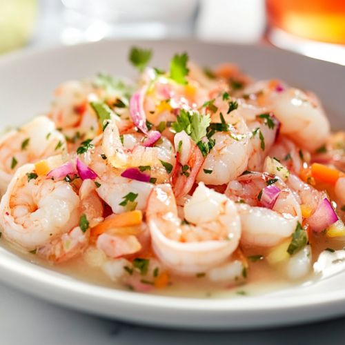 A beautifully plated shrimp ceviche dish sits on a white marble cooktop, accompanied by a refreshing cocktail or iced drink in the background. The vibrant colors of the ceviche pop, making it an inviting summer appetizer