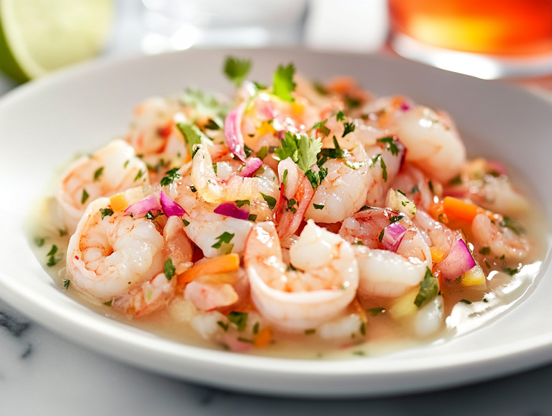 A beautifully plated shrimp ceviche dish sits on a white marble cooktop, accompanied by a refreshing cocktail or iced drink in the background. The vibrant colors of the ceviche pop, making it an inviting summer appetizer