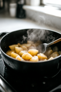 A close-up of the black Dutch oven gently simmering on the white marble cooktop, with steam rising as potatoes cook to tenderness. A ladle rests inside, ready to stir the flavorful broth.