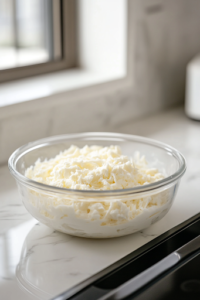 A close-up of a white microwave-safe glass bowl on a white marble cooktop, filled with shredded mozzarella and small chunks of cream cheese. The cheese mixture is softening, preparing to be stirred into a smooth consistency.