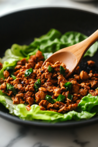 A close-up of a black skillet on a white marble cooktop, now filled with fully cooked, seasoned chicken taco meat. A wooden spoon scoops a generous portion onto a crisp romaine lettuce leaf, ready to be transformed into a keto-friendly taco wrap.