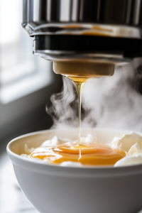 A stand mixer bowl on a white marble cooktop with glossy, voluminous meringue being whipped to stiff peaks. The bowl is cool to the touch, ensuring the perfect texture.